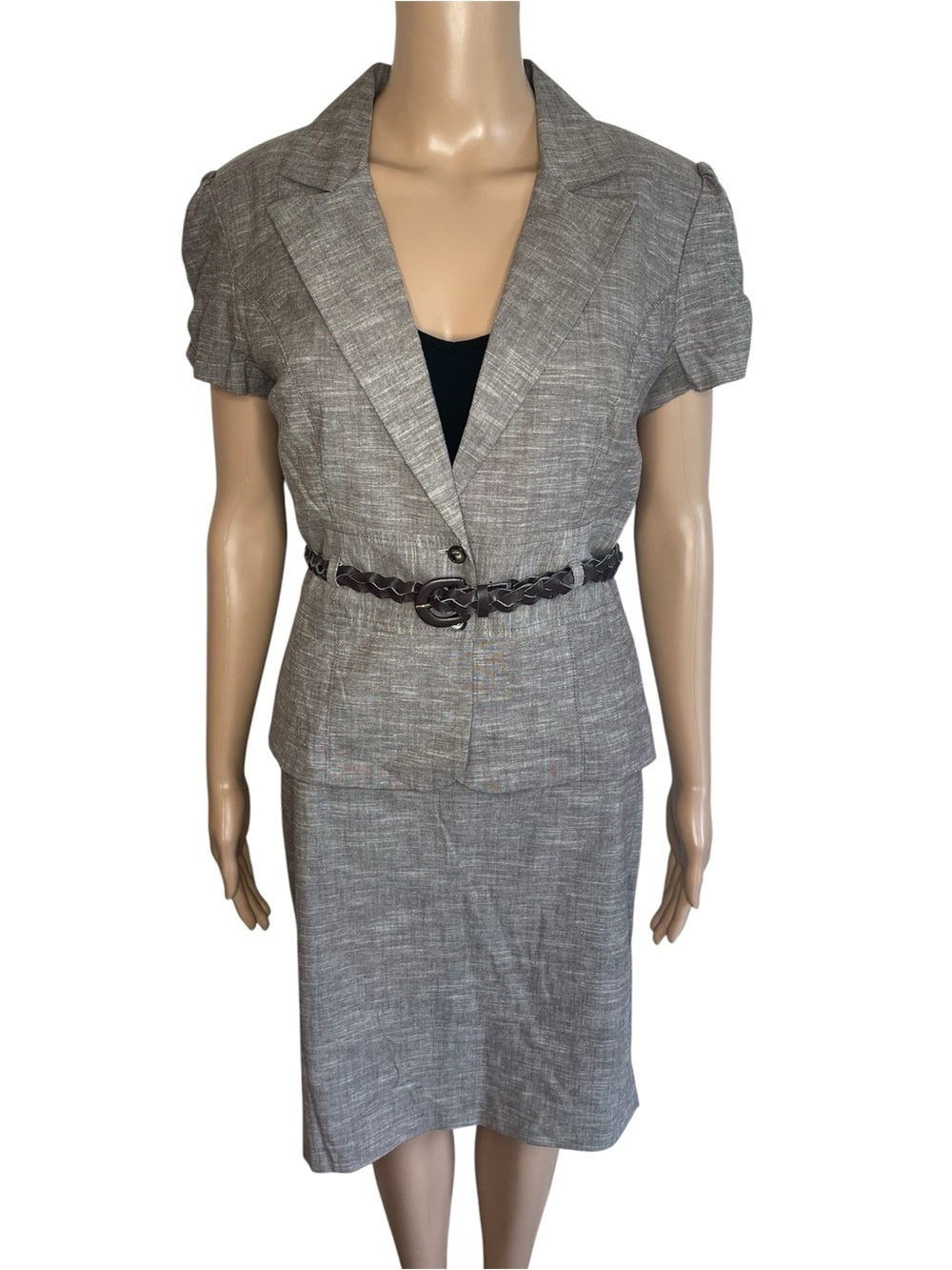 Vintage Bwear V-Neck Button Down Short Sleeve Blazer & High Rise Midi Skirt Set